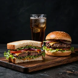 sandwich, hamburger, steak, drinks, dramatic lighting, cinematic, artistic