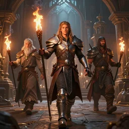 selfie portrait of paladin, mage, priest and thief as dnd adventurers walking in dungeon with torch, mattepainting concept Blizzard pixar maya engine on stylized background splash comics global illumination lighting artstation  lois van baarle, ilya kuvshinov, rossdraws