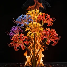 colorful flower composition of fenix flowers made of fire, black background,art by Peter Tang