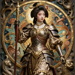detailed ultrarealistic photography of victorian rustic heroic warrior japanese girl, mucha mignola, cinematic, full shot