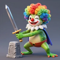 clown frog king pulls the sword from the stone, clown frog king wearing clown makeup and rainbow wig, artwork by Hikari Shimoda, 3D rendering by Beeple