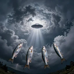 4 k fish eye shot, ufo in the middle of two clouds, thunderstorm background