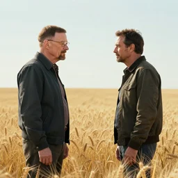 extreme long shot of walter white and gustavo fring standing facing each other from a distance in a wheat field, low angle, side view, 8 5 mm photograph, 8 k resolution, wide shot, sharp lens, high detail, cinematic