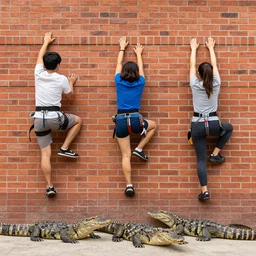 a photograph of three people climbing a brick wall with alligators below