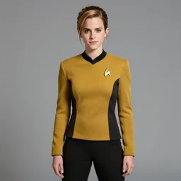 a full body portrait of emma watson as a star fleet officer from star trek next generation, ultra rendered extreme realism and detail, 8 k, highly detailed, realistic, completely framed, hyper realistic, colorful, direct lighting, 3 5 mm photo, photorealistic, sharp focus