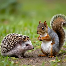 a photo of a hedgehog and a sad squirrel talking to each other.
