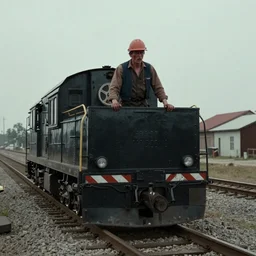 the disembodied spirit of a dangerous railroad worker, Boxcar on the railroad, Cinematic, 35mm, film still from horror movie