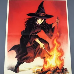glossy old advertising poster of a witch being burnt, drawn comic by junji ito, pastels, gradient, red,