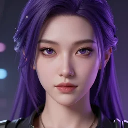 Close up portrait of a young Asian Cyberpunk woman with dark purple hair, hyperdetailed, artstation, cgsociety, 8k
