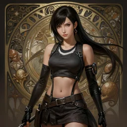 of Tifa Lockheart, dark fantasy, medium shot, intricate, elegant, highly detailed, digital painting, volumetric light, artstation, concept art, smooth, sharp focus, illustration, art by Gil Elvgren and Greg Rutkowski and Alphonse Mucha