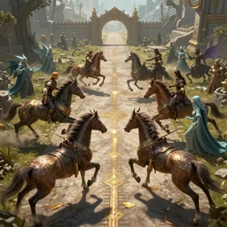 fantasy sci - fi characters fight on a medieval road, centaurs versus elfs, action scene, 8 k, lumen reflections, sharp, incredibly detailed and intricate, hypermaximal, elegant, ornate, hyper realistic, super detailed, digital art