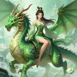 A beautiful attractive goddess riding a Mythical Green Dragon, Fantasy, Artstation, deviant art, trending