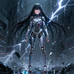 full body!!!, digital cyberpunk anime!!, shattered beautiful cyborg - girl!!!, lightning, raining!!, water refractions!!, black long hair!, colorful reflective eyes, full round face!, biomechanical details, mid - shot, reflections, wlop, ilya kuvshinov, artgerm