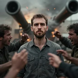 medium shot portrait of a man trying to remain calm amidst the bombardment of yelling and interruption around him, the surrounding abstraction is harsh and abrupt but blurry