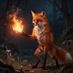 anthropomorphic fox druid casts a fire spell in the dark of night, 8k resolution matte fantasy painting, bokeh, trending on Artstation, behance HD