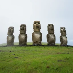 seven huge moai sculptures from eastern island, green fields, misty, foggy, ultra wide angle, volumetric light, epic canvas, highly detailed, digital painting, artstation, concept art, cinematic lighting, illustration, art by artgerm and greg rutkowski and alphonse mucha