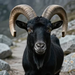 detailed closeup face of a big horned male black goat in a path in avila mountains, granite stones, 4 k, concept art, by wlop, ilya kuvshinov, artgerm, krenz cushart, greg rutkowski, pixiv. cinematic dramatic atmosphere, sharp focus, volumetric lighting, cinematic lighting, studio quality