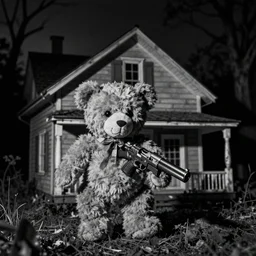 found footage spooky horror teddy bear robbing your house with a gun and mask b & w grainy creepy dark