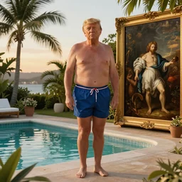 Donald trump in a Speedo, golden hour, next to a tropical pool, artstation, by J. C. Leyendecker and Peter Paul Rubens,