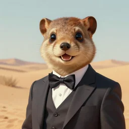 Character portrait of a happy furry anthro weasel wearing a nice suit and bowtie in the desert wilderness, intricate, elegant, highly detailed, digital painting, artstation, concept art, smooth, sharp focus, illustration, art by Krenz Cushart and Artem Demura and alphonse mucha