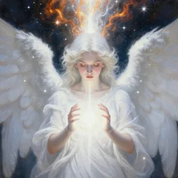 hyperrealistic painting of white angel!!! beautiful face, no gender!!!, giant ball of miracle light from the chest!!!!!, miracle light coming overhead!!, white sparkles everywhere, lot of fire and stars overhead!!!, by jan van eyck, holography space, glow effect, large strokes, high detailed, unfocus, soft and clean