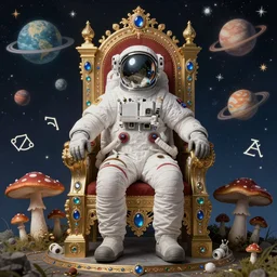 an astronaut sitting in a christian throne with jewels and mushrooms, with planets and zodiac constelations, by dan mumford, highly detailed 8 k artwork, by louis wan, psychedelic digital art, symmetry