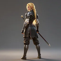 half elf monk fighter, beautiful woman, blonde braided hair, character art, full body, back lighting