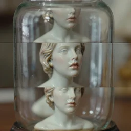 beautiful three point perspective film still of holly herndon in merce cunningham, extreme closeup 3 / 4 portrait in style of frontiers in blade runner miniature photography fashion architectural art studio edition, real - life porcelain statue in victorian glass jar, pursed lips, anatomically correct, tilt shift background, sharp focus, panavision, 8 k, macro, cinematic style