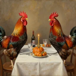 1 7 0 0 s painting of two roosters having a formal thanksgiving dinner