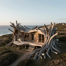 aerial architectural photography of a house made of driftwood, natural and organic and flowing, on the coast, wide angle, shot from a low angle, great lighting, cinematic.