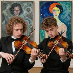 two young violin players concentrating, francis bacon and pat steir and hilma af klint and james jean, psychological, intriguing details, unreal 5, altermodern