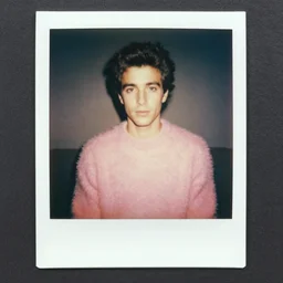 old photo of oscar isaak in pink fluffy sweater, 8 0 - s, polaroid photo, by warhol,