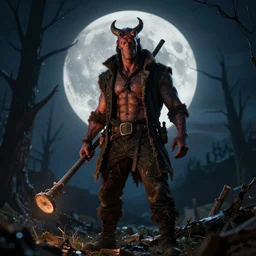 a lumberjack in the style of Hellboy at night against the moon