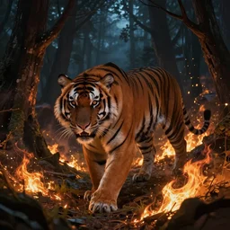 tiger sneaks in the night burning forest, mystery, scared, fantasy, highly detailed, digital painting, concept art, sharp focus, illustration, epic light, artstation