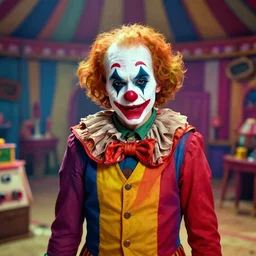 portrait of agent 4 7 as a clown, colorful, circus background, cinematic, dramatic light, high detail, inside a messy room, masterpiece, art by jisu choe