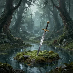 sword stuck in a pond island, rainy enchanted forest of the ancients, moody high exposure, digital painting, concept art, photoshop speedpaint, by lihangw