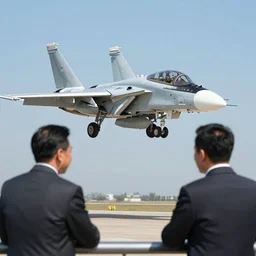 f-14 tomcat flying over two business people who are talking