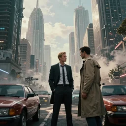 An epic, distopian cityscape with many cars in the style of bladerunner with a blond man in a suit in the center and another man in a Trenchcoat talking to hin in secret, unreal 5, DAZ, hyperrealistic, octane render, volumetric clouds, dynamic lighting