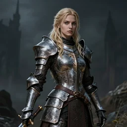 portrait of a blonde paladin woman, dark fantasy, gloomy atmosphere, trending on artstation, hyper detailed