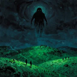 matte painting of a nocturnal brocken spectre in the sky above the mystical green hill, with some silhouettes of hikers in the distance