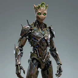 human gothic groot ; adult male 3 0 years ; sharp facial features ; slender ; vampire ; wearing high tech armour ; robot ; glowing green eyes ; trending on artstation ; high detail ; digital art