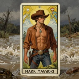 a dramatic, epic, ethereal tarot painting of a handsome brown shirtless cowboy | background is a torrential flooding river | tarot card, art deco, art nouveau | by Mark Maggiori | trending on artstation