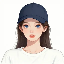 illustration of an attractive young woman, wearing a baseball cap, dark hair, blue eyes, thick glasses, symmetrical, thinking, smirking, vector art, vaporwave, blade runner style, cyberpunk, neon lighting, teal, purple, pink