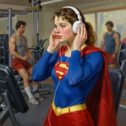supergirl listening to music at the gym, highly detailed painting by gaston bussiere, craig mullins, j. c. leyendecker 8 k