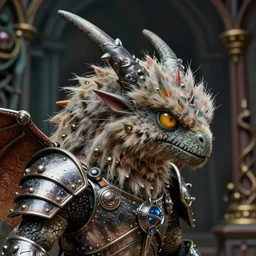 closeup profile face portrait of a tin toy fuzzy kaiju moth dragon wearing armour, nicoletta ceccoli, mark ryden, lostfish, hyung tae, frank frazetta, depth of field, detailed and intricate gothic environment, 8 k resolution, hyperrealistic, octane render