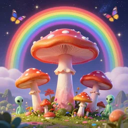 psychedelic mushrooms, enchanted alien world, mushrooms on the ground, aliens, galaxy in the sky, butterflies, occult, illuminati, third eye, rainbows, bright colors, psychedelic, vector art, honeycomb, dripping, fire, fantasy poster by helen huang and frank frazetta and salvador dali and norman rockwell, anime style