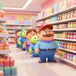 queue line at the store for sweets, pixar style by tristan eaton stanley artgerm and tom bagshaw, high detail