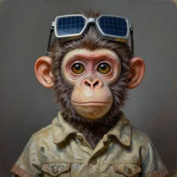 a monkey boy hipster portrait in the future with porcelain face and big eyes, solar panels, dressed in a vintage shirt, conceptual art, oil fantasy painting, hyperdetailed, dramatic light, 8 k