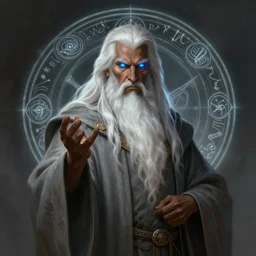 medium - length portrait of a male wizard wreathed in arcane sigils with long white hair and glowing blue eyes, long white beard, dark brown skin, stern expression, wears a long robe, medieval setting, dramatic pose, highly detailed, digital painting, artstation, concept art, sharp focus, illustration, art by greg rutkowski and alphonse mucha
