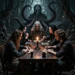 by 4 ppl sit at table and play role playing game, lovecraft, tentacles, evil atmosphere by ilya kuvshinov